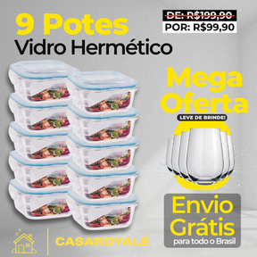 Kit com 9 Potes Herméticos de Vidro (3x 375ml. 3x 475ml. 3x 575ml.) + 6 Copos de Vidro - Promoção 2025